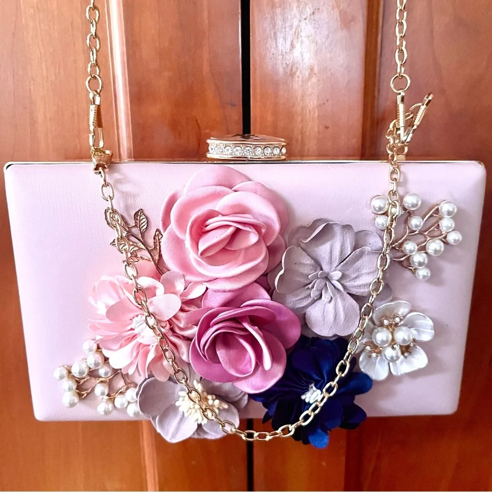Elegant Floral & Pearl & Crystal Embellished Evening Clutch & Crossbody Bag